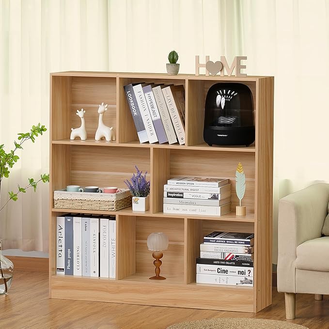 LEYAOYAO 8 Cube Bookshelf with Wood Base,Natural 3 Tier Mid-Century Modern Bookcase,Standing Wide Bookshelves Storage Organizer Shelf,Rustic Display Cabinet Book Shelves for Bedroom,Living Room
