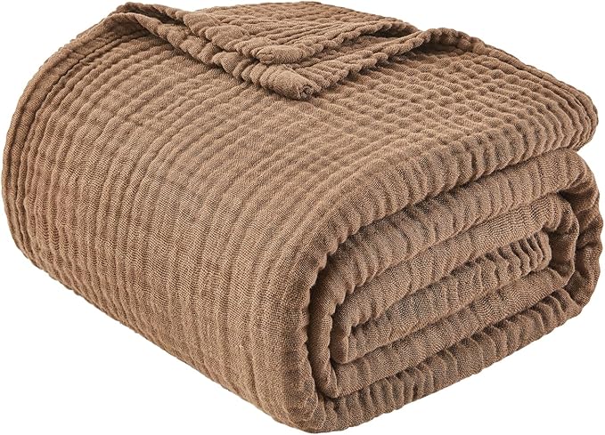 EMME Cotton Muslin Queen Blanket Bed Layering Breathable Gauze Blanket Soft Lightweight Blankets Adults (Brown, 90"x90")
