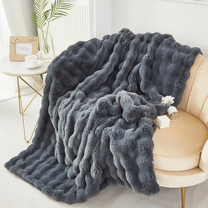 RYNGHIPY Faux Fur Throw Blanket Double Side Thick and Warm Plush Fluffy Faux Rabbit Fur Decoration for Couch Sofa Chair and Bed Cozy Winter Blanket (Dark Grey, 63''x79'')