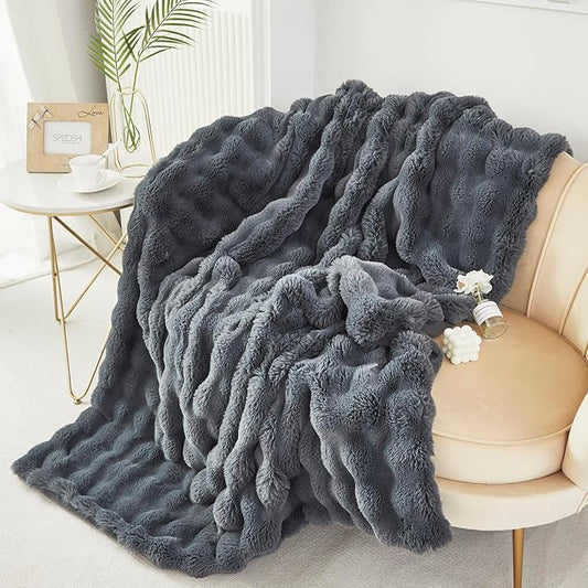 RYNGHIPY Faux Fur Throw Blanket Double Side Thick and Warm Plush Fluffy Faux Rabbit Fur Decoration for Couch Sofa Chair and Bed Cozy Winter Blanket (Dark Grey, 63''x79'')