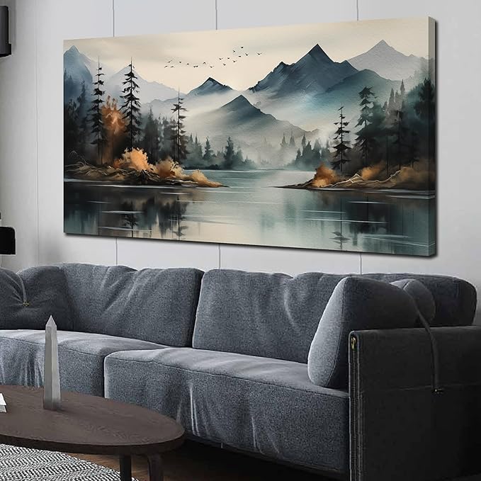 Rustic Wall Art for Living Room Large Size Teal Mountain Tree Landscape Canvas Wall Art for Bedroom Office Decor 29 x 59 Inch