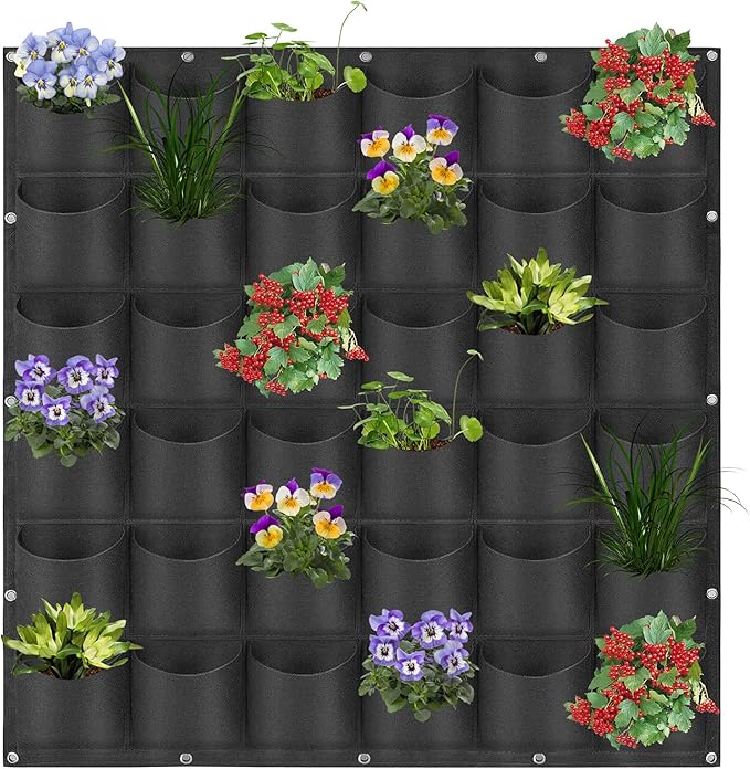 36 Pockets Hanging Planter Bags, Hanging Vertical Wall Mounted Plant Planting Grow Bags, Herb Garden Planter Outdoor Indoor Growing Bag, Gardening Vertical Greening Flower Container(1m×1m, Black)