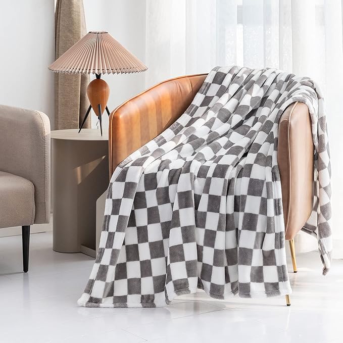 LOMAO Throw Blankets Flannel Blanket with Checkerboard Grid Pattern Soft Throw Blanket for Couch, Bed, Sofa Luxurious Warm and Cozy for All Seasons (Grey, 50"x60")