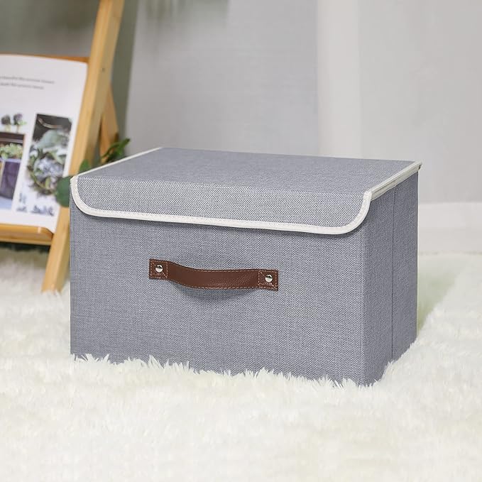 ANMINY 4PCS Storage Bins with Lid PU Leather Handles Storage Boxes PP Plastic Board Decorative Foldable Lidded Cotton Linen Fabric Home Cubes Baskets Closet Organizer Containers - Gray, Large Size
