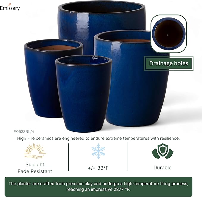 Emissary Home and Garden Bullet 11.5 in. Blue Ceramic Round Planter (11.5 in. L x 11.5 in. W x 14 in. H) with Drainage Hole