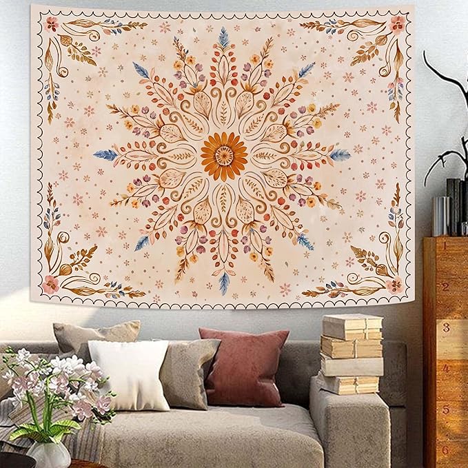 Fowocu Boho Floral Mandala Tapestry for Bedroom Aesthetic Watercolor Bohemian Flower Wall Tapestry Brown Beige Hippie Indian Tapestries Wall Hanging for Living Room Dorm Decor 60 x 44 Inch