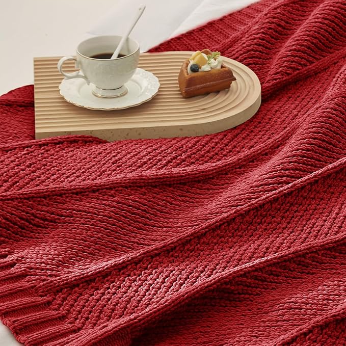 Amélie Home Chenille Knit Throw Blanket for Couch, Chevron Texture Decorative Soft Blanket for Sofa, Bed & Chair, 50"x60", Red