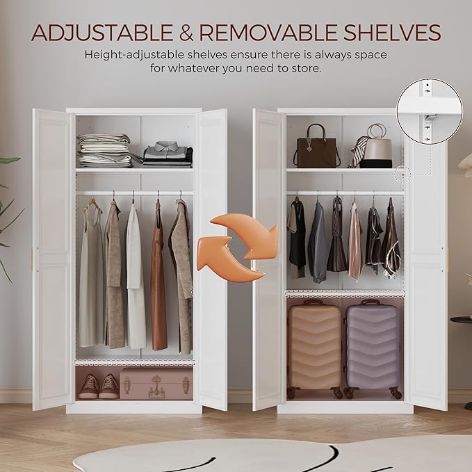 71" Metal Armoire Wardrobe Closet with 2 Doors, Tall Wardrobe Cabinet with Hanging Rod and Adjustable Shelves, White Clothing Storage Cabinets for Bedroom, Laundry Room, Home Office