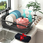 Godboat Dish Drying Rack, Dish Rack with Auto-Drain & Mat, Dish Drainers for Kitchen Counter, Glass Organizer for 4 Cups, 3 Slots Utensil Holder, Gifts for Women Mothers Day, Kitchen Gadgets & Decor