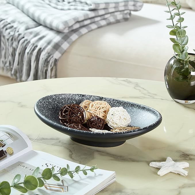 Oval Ceramic Decorative Bowl, Key Dish for Entryway Table, Small Home Decor Accent, Trinket Tray for Office Home Decor Gift (10'' Snowflake Gray without Glaze Layer)