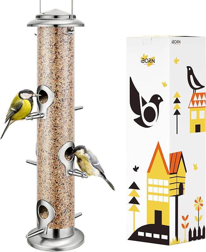 iBorn Metal Bird Feeders 6 Ports Hanging Wild Bird Seed Feeder for Mix Seed Blends, Niger Seed Feeder, Sunflower Heart, Birdbath, Heavy Duty All Metal Nickle Finishing 14 Inch 6Port