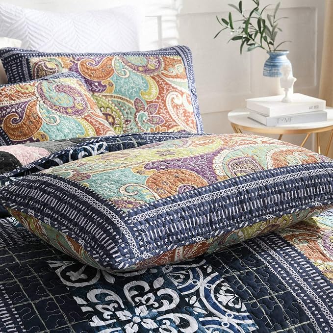 NEWLAKE Cotton Patchwork Bedspread, 3-Piece Bedding Quilt Set with Real Stitched Embroidery, Reversible Matelasse Bed Coverlet Set,Vintage Flowery Grid,King Size