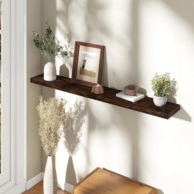 55" Floating Shelves for Wall, Rustic Elm Wood Floating Shelf for Home Decor, Wall-Mounted Display Shelves with Heavy-Duty Bracket, Long Floating Shelf for Bathroom, Kitchen, Living Room, Walnut Color