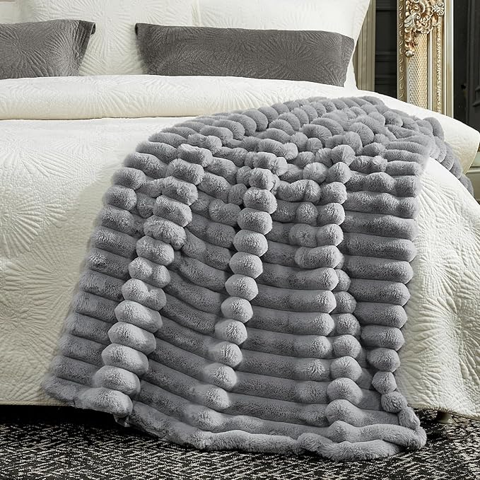 Cozy Bliss Faux Fur Throw Blanket for Couch, Cozy Warm Plush Striped Blanket for Sofa Bedroom Living Room,50 * 60 Inches Grey