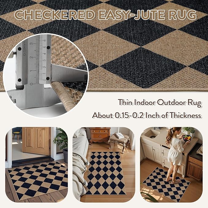 Lahome Checkered Easy Jute Kitchen Rug, 2x3 Indoor Door Mat Small Neutral Area Rug, Farmhouse Diamond Non Slip Non Shedding Lightweight Floor Carpet for Entry Porch