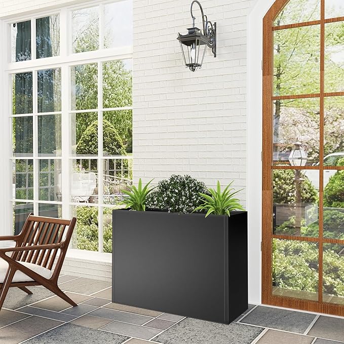 Tall Metal Cube Planter for Outdoor Plants 30" L x 12" W x 24" H, Heavy Duty Steel Large Planter Box with Removable Insert Shelf, Modern Décor for Tall Plants, Trees, Flowers (Black)