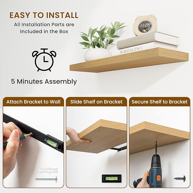 Fun Memories 55 Inch Fireplace Mantel Shelf -Long Floating Shelves, Deep Wall Mounted Farmhouse Display Shelves with Invisible Heavy Duty Metal Bracket, Oak, 2 Pack