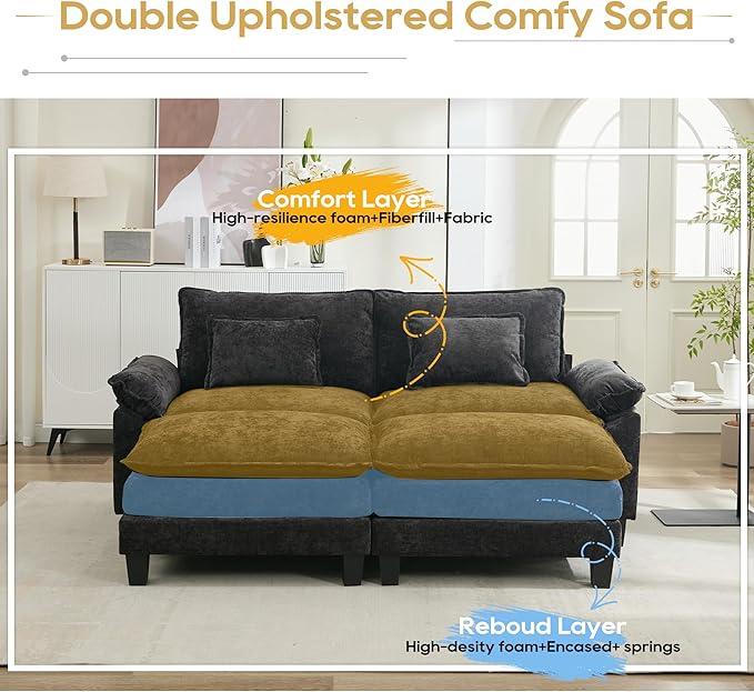 URRED Modular Sectional Sofa Comfy Cloud Couch, Modern Chenille Sofa Sleeper Deep Seat Couches with Ottoman/Pillows for Living Room (Black, 82.6''- 2 Ottomans)