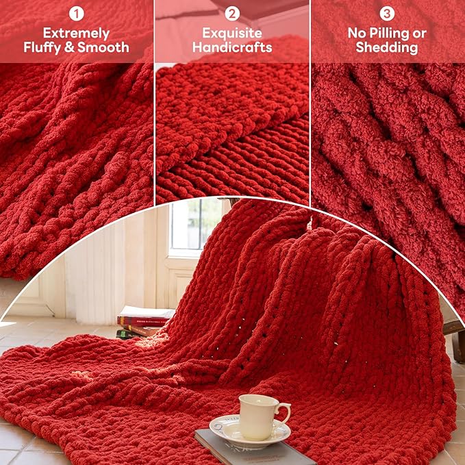 Chunky Knit Blanket - Luxury Soft Cozy Queen Size(50 * 60) Throw Blanket,100% Woven Blanket Rope Knot Throw Blanket for Couch, Sofa, Home Decor, Gift - Machine Washable（Wine red）