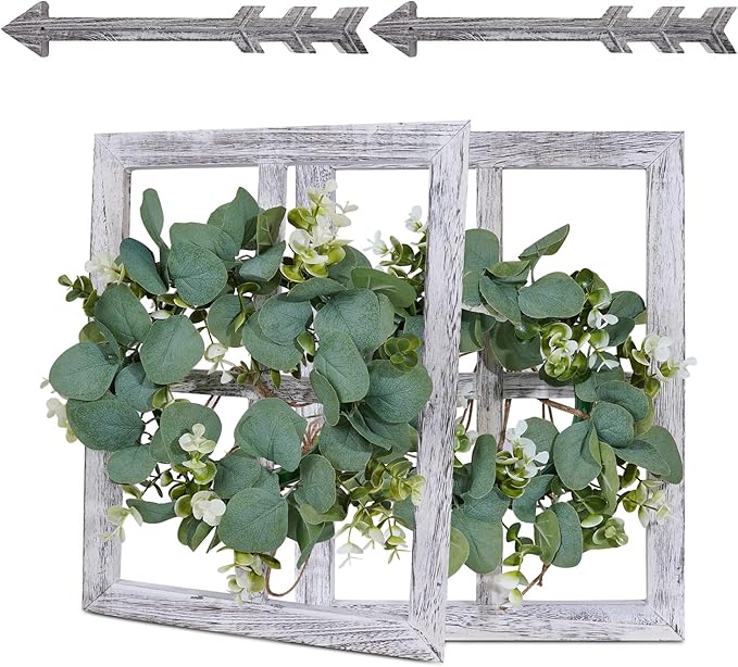 Rustic Wood Window Frame with Green Wreath and Arrows Wall Decor，Farmhouse Window Frame Hanging Decor, Wooden Fake Decoration,Window Pane Wall Decor,Set of 2 (White)