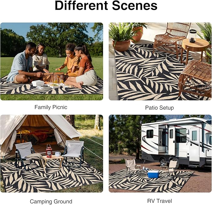 OLANLY Waterproof Outdoor Rug 9x12 ft, Reversible Outdoor Plastic Straw Rug with Leaf Pattern, RV Mat, Indoor Outdoor Carpet for Patio, Camping, Balcony, Deck, Backyard, Black & Beige