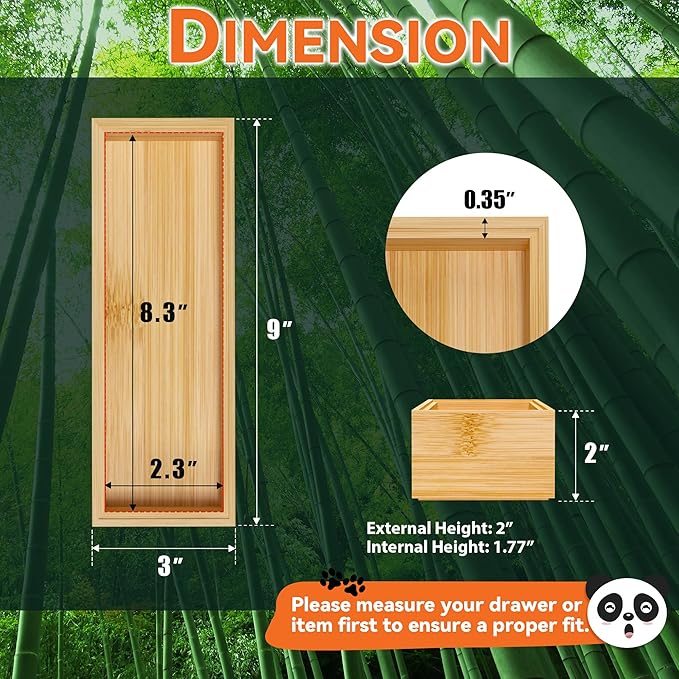 Bamboo Drawer Organizer – Set of 2 Stackable Storage Boxes, Silverware Tray & Small Gadget Holder for Kitchen Drawers, 9" x 3" x 2" (Outer), 8.3" x 2.3" x 1.77" (Inner)