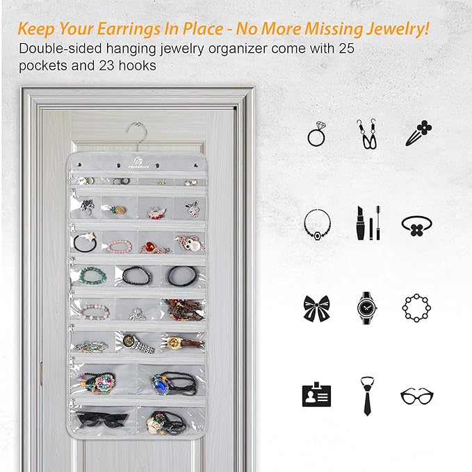 Freegrace Hanging Jewelry Organizer Revolving Hanger - Secure Zipper Closure - 25 Pockets,23 Hooks - Foldable Storage & Display Solution - For All Jewelry & Bijoux (Gray)