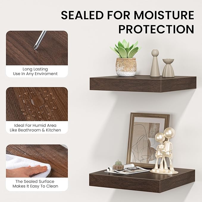 Square Floating Shelves for Wall, 8" W x 8" D x 1.2" H, Small Wooden Wall Mounted Display Shelves with Invisible Brackets for Living Room, Bedroom, Bathroom, Kitchen Decor, Set of 4, Walnut