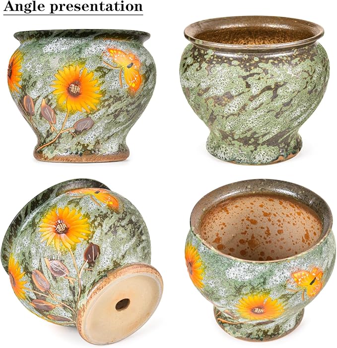 Sungmor Ceramic Hand Painted Succulent Flower Pots, 9 Inch Large Pottery Pots for Indoor Outdoor Plants, Decorative Ceramic Vase for Flower Arrangement Home Decor, Vintage Centerpieces Flowerpot