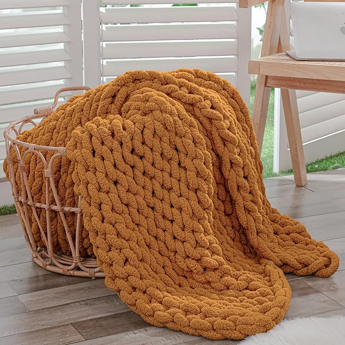 Bigacogo Chunky Knit Throw Blanket for Couch, 40x60 inches, 100% Hand Knitted with Thick Jumbo Chenille Yarn, Cozy Soft Large Rope Knot Cable Crochet Blankets for Sofa Bed Living Room, Burnt Orange