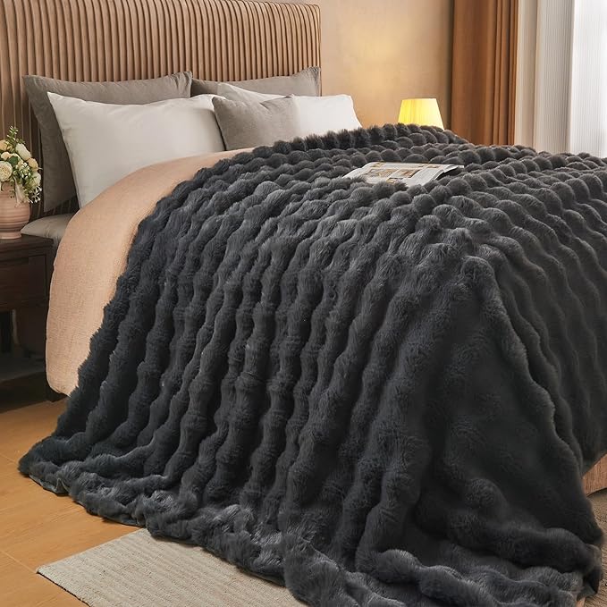 Lotus Karen King Size Faux Fur Blanket - Dark Gray, Big Bubble Rabbit Fluff, 108x90 Inches