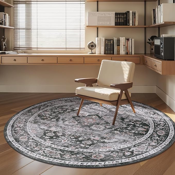 AMOAMI-6FT Round Rug-Rugs for Living Room-Vintage Soft Black Rugs for Bedroom-Non Slip Circle Rug-Machine Washable Rug for Dining Room Living Room Bedroom Office Under Table Dark Grey & Black