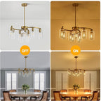9-Light Gold Glass Chandelier, Adjustable Height Dining Room Light Fixtures Over Table, Contemporary Hanging Chandelier for Kitchen Island Living Room Foyer Office, Clear Glass Shade