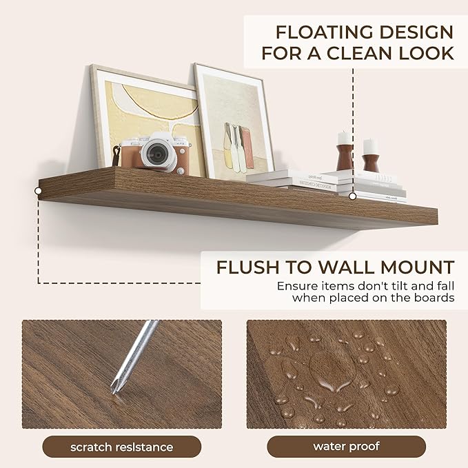 RICHFOCUS 40Inch Floating Shelves for Wall 2 Pack Shelves for Bedroom|Kitchen|Bathroom Wall Mounted Rustic Wood Floating Shelf with Invisible Brackets for Books|Storage|Decor, Walnut