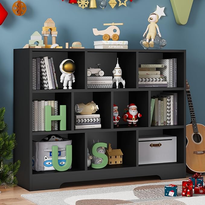 Book Shelf, 10 Cubes Storage Organizer, 3-Tier Open Shelf Wooden Bookcase, Freestanding Balck Bookshelf Cube Shelf for Bedroom, Living Room, Home Office