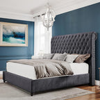 PaPaJet King Size Bed Frame and Headboard Upholstered Bed Frame King with 52.8” Tall Headboard/Dark Grey