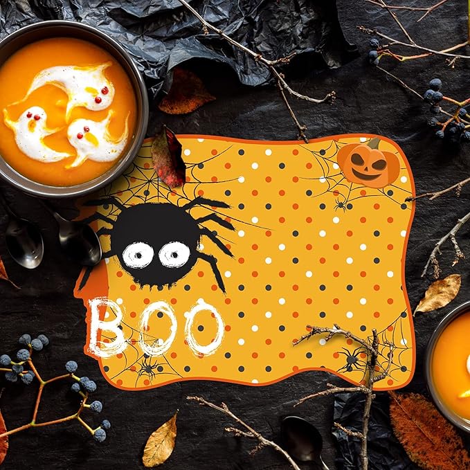 MCEAST 6 Pack Halloween Plastic Placemats Halloween Pumpkin Spider Ghost Waterproof Table Mats Assorted 6 Styles Halloween Party Table Decorations for Home Kitchen Dining, 16 x 12 Inches