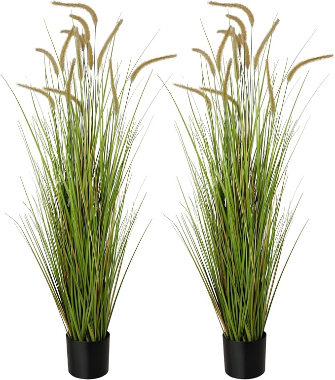 KOL Artificial 5ft 2-Pack Horsetail Reed Grass, 59in Tall Artificial Indoor Outdoor Fake Grass Plant, Home Office Decorative Artificial Plants in Pot Faux Plant Greenery, Wedding Decor Grass