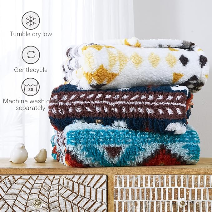 CASAAGUSTO Boho Sherpa Throw Blanket, Aztec Throw, Ultra Soft, Warm, Cozy, Plush, Thick Fleece Bohemian Throw Blanket for Couch, Bed, Sofa (Navy Blue 50 * 60 Inch)