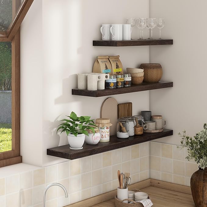 Axeman Floating Shelves for Wall - 32''W x 8'' D Rustic Solid Elm Wood Shelves for Storage, Wall Mounted Display Shelving with Invisible Heavy-Duty Metal Bracket (Walnut, 2PCs)