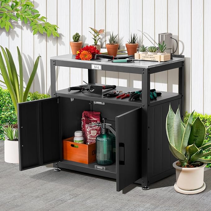 Garden Potting Bench with Storage Cabinet,Outdoor Gardening Table & Work Bench for Plants, Horticulture,Outdoor Workstation with Stainless Steel Tabletop,Outdoor Work Table