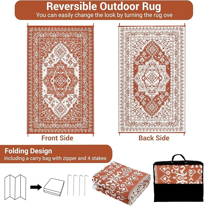 GAOMON Outdoor Rugs for Patio 8x10 Waterproof Reversible Plastic Straw Rug, Large UV-Resistant Portable RV Camping Mats, Indoor Outdoor Medallion Carpet for Outside Deck Porch Garden, Red & White