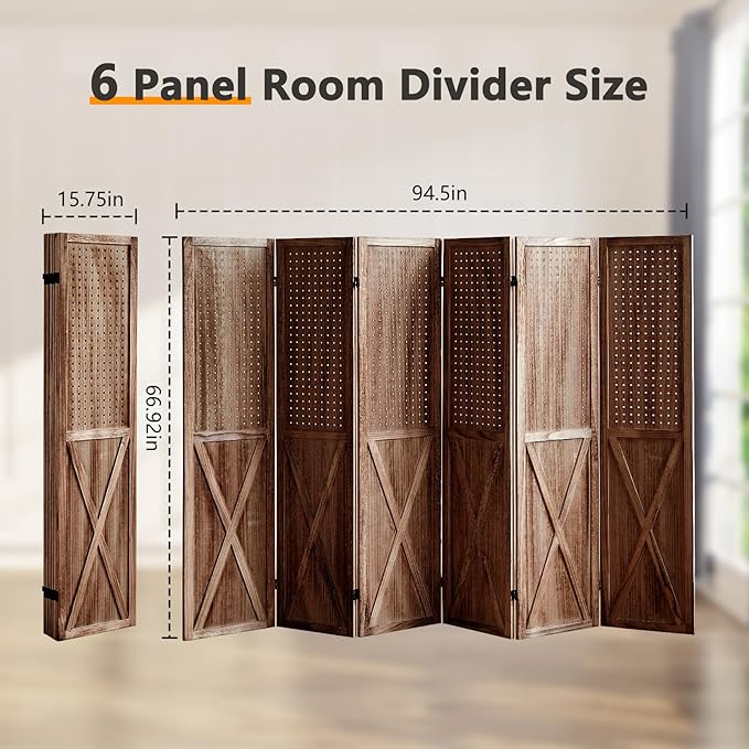 6 Panel Pegboard Room Divider, 5.6Ft Pegboard Display Folding Privacy Screens, Wood Room Divider Peg Board Display Freestanding for Trade Show Craft Show Home Wall Organizer, Brown