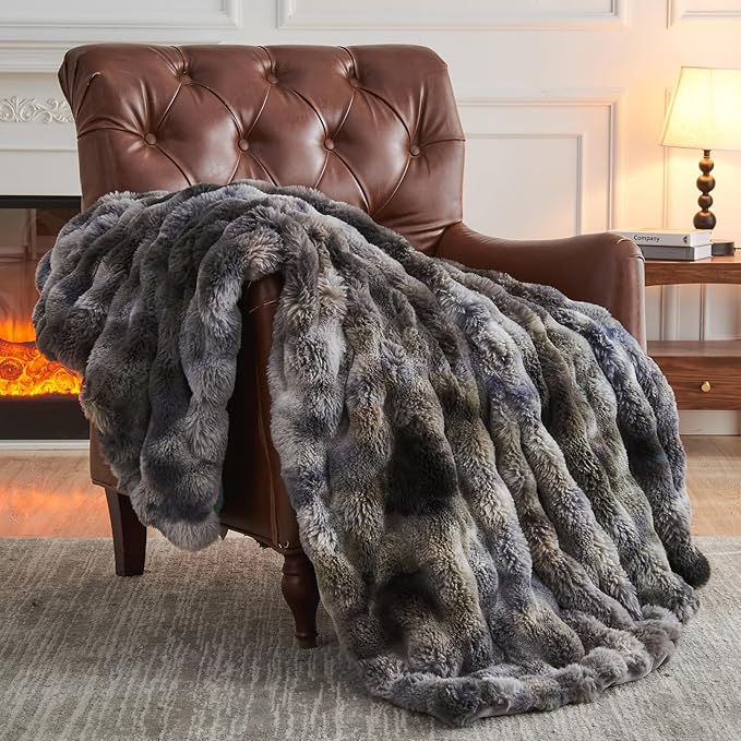 NEWCOSPLAY Faux Fur Twin Blanket Tie-dye Grey Luxury Fluffy Thick Warm Bubble Blanket for Couch Sofa Bed 700GSM (Tie-dye Grey, Twin(60"x80"))