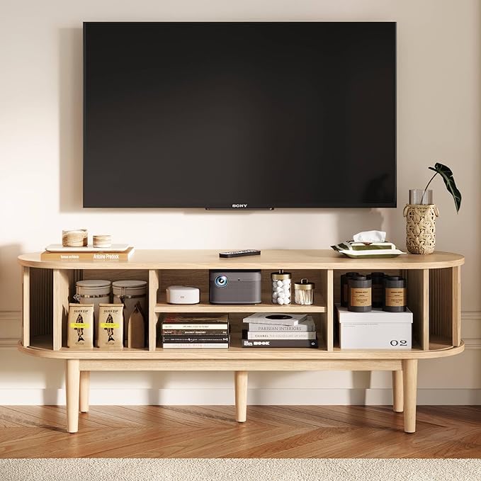 LINSY HOME TV Stand for 65" TV, Mid-Century Modern 58" Entertainment Center with Sliding Tambour Door and Storage Cabinet, Cruved TV Media Console Table for Living Room, Bedroom, Oak
