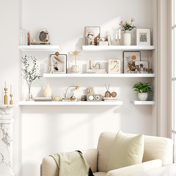 Fun Memories White Floating Shelves 16 Inch Long, 8 Deep Floating Shelf Wall Mounted, 16 x 8 Inch Wooden Bathroom Shelves, Deep Storage Shelves for Living Room, Kitchen, Set of 2