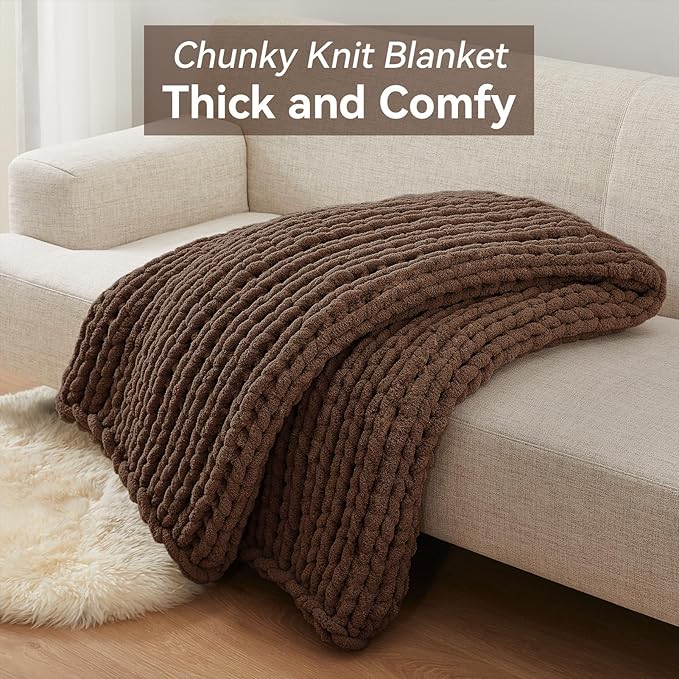 Chunky Knit Throw Blanket, 30''*40'' Knitted Throw Chenille Yarn for Bed Couch, Handmade Dark Brown Crochet Big Thick Blanket, Machine Washable Cute Comfy Blanket for Home Decor