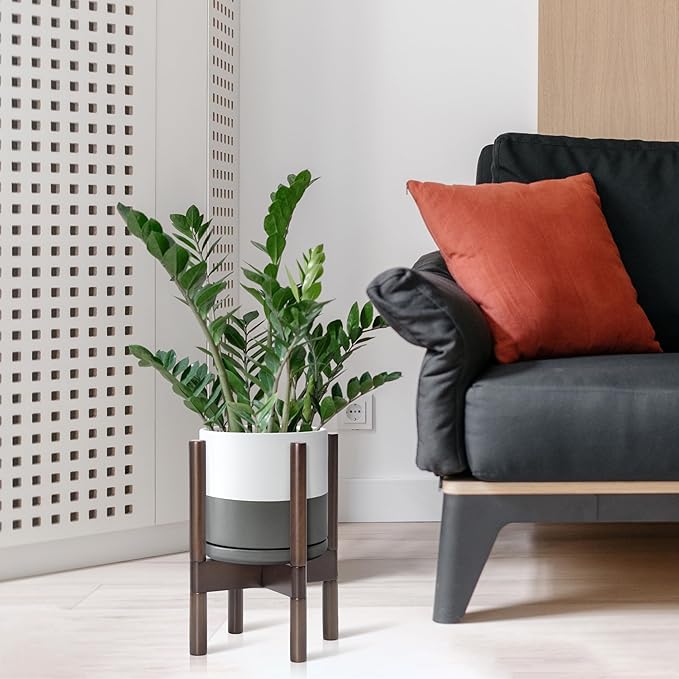 D'vine Dev Ceramic Planter with Walnut Color Stand - 8 Inch Modern Round Flower Pot with Wood Planter Holder, White/Grey, 55-B-Y-6