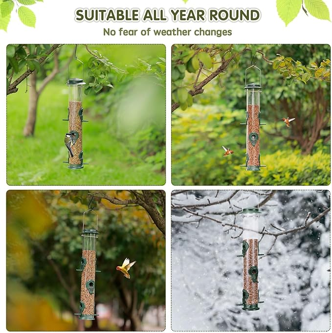 MIXXIDEA 2PK Metal Wild Bird Feeder Bird Feeders for Outdoors Hanging 6 Port Tube Bird Feeder Transparent Finch Feeder with Steel Hanger Green