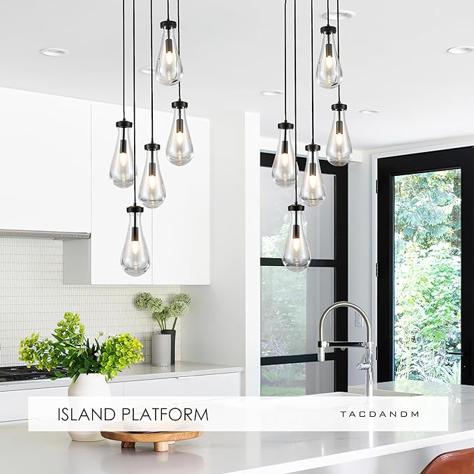 5-Light Raindrop Pendant Light Fixtures, Black Glass Pendant Lighting, Teardrops Modern Hanging Light for Entryway Foyer Kitchen Island Dining Living Room Hallway